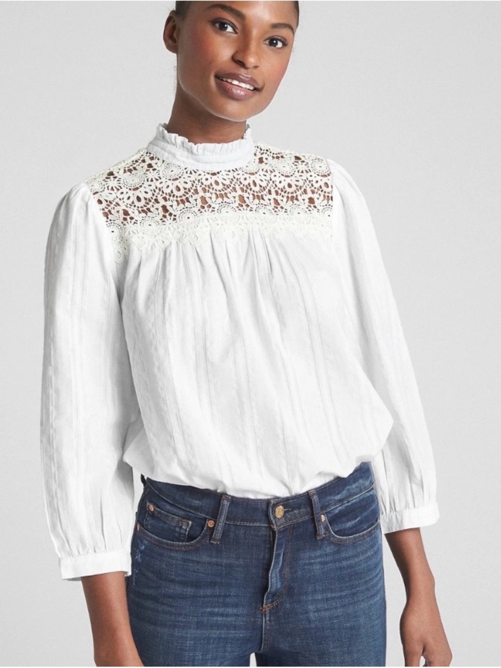 Gap Yoke Boho Lace-Trim Mockneck Victorian Blouse, White size L 3/4 sleeve